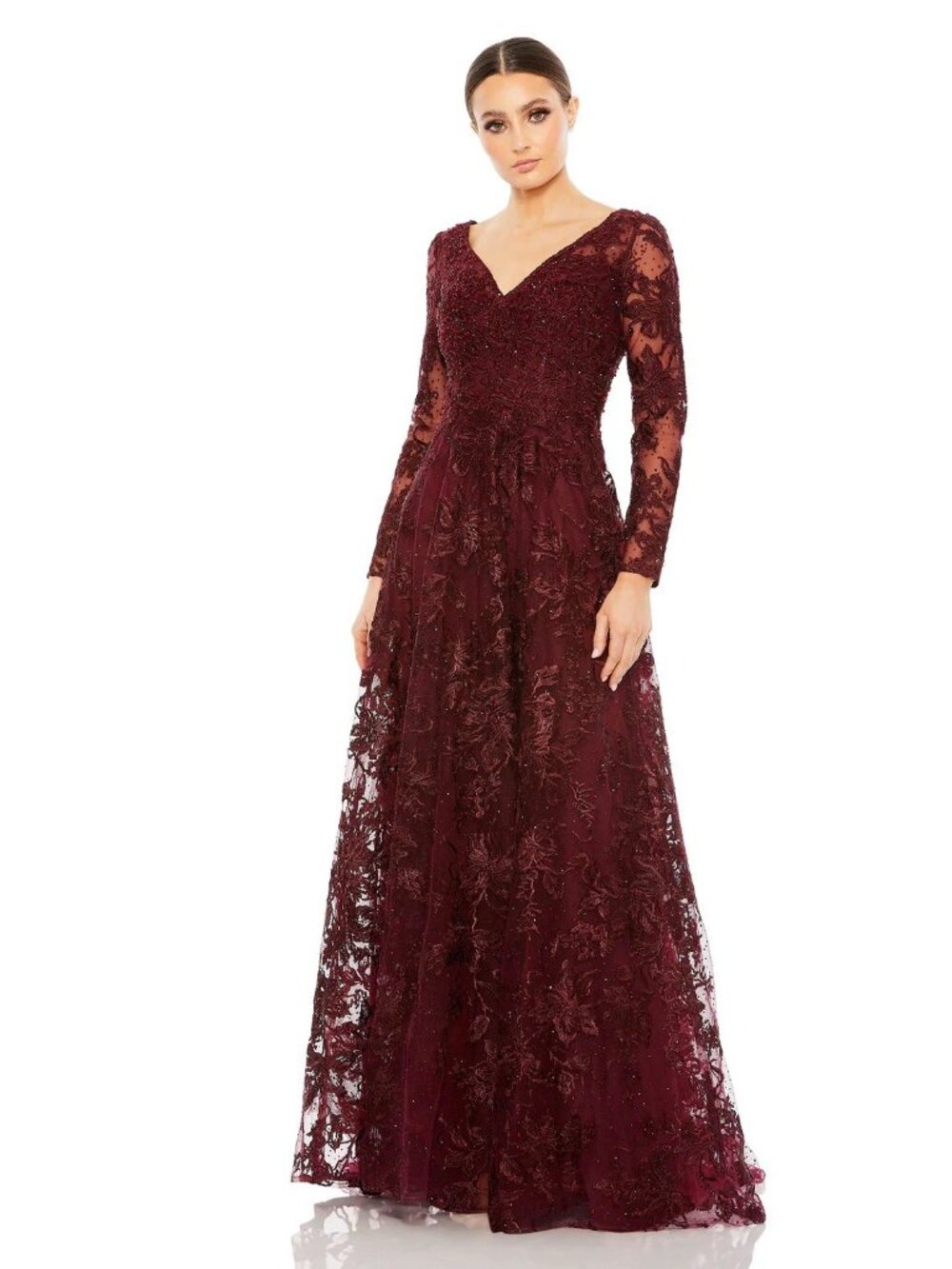 Mac Duggal Size 20 Burgundy 20409 Embroidered Illusion Long Sleeve Gown Dress